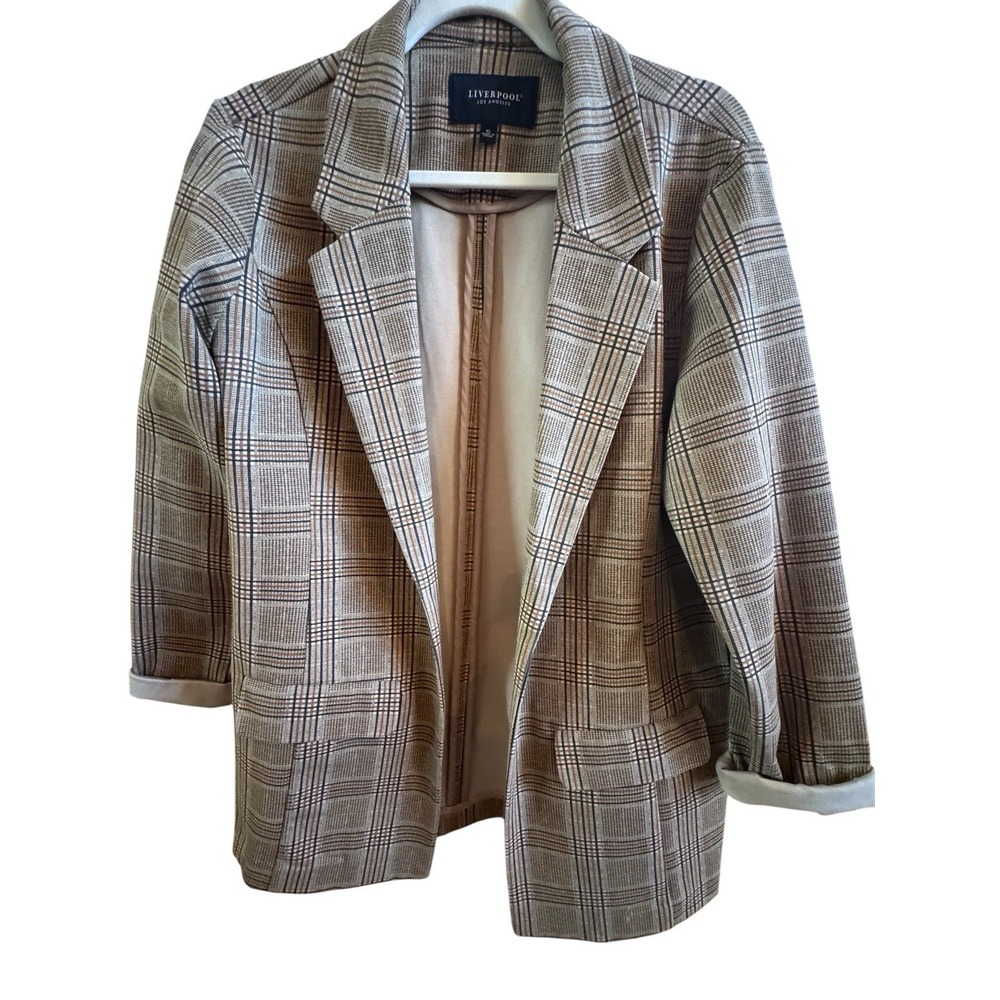 Liverpool Los Angeles Dijon Gold Brown Plaid Notch Collar Open Blazer Pockets